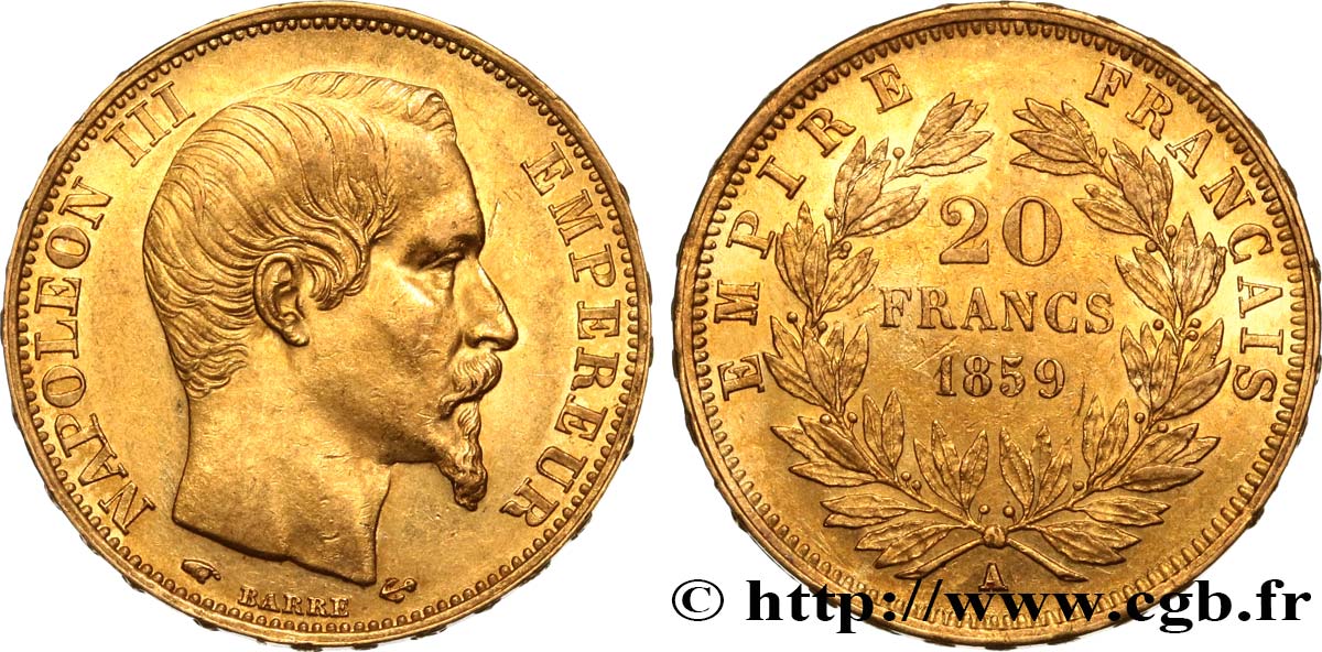 20 francs or Napoléon III, tête nue 1859 Paris F.531/15 SS52 