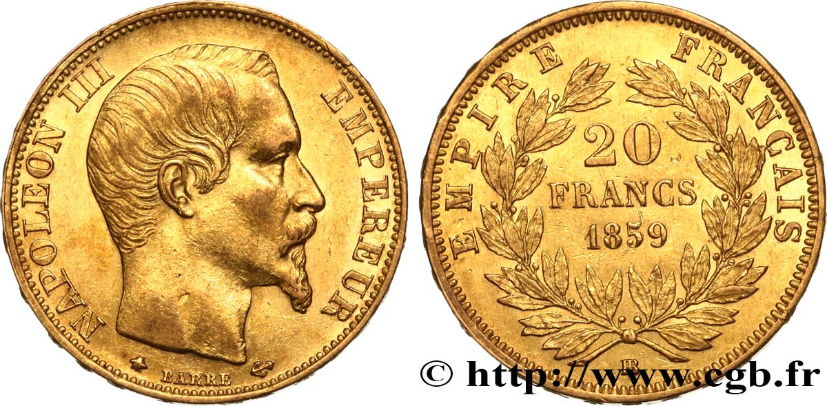 20 francs or Napoléon III, tête nue 1859 Strasbourg F.531/16 AU52 