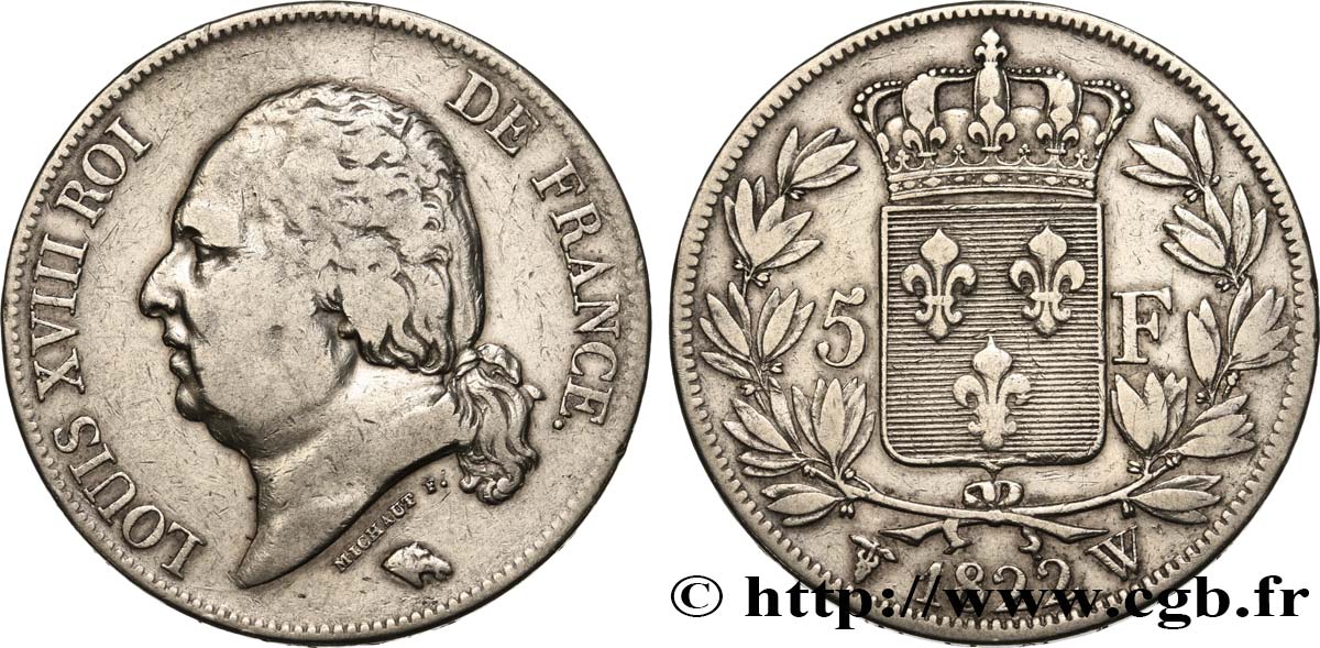 5 francs Louis XVIII, tête nue 1822 Lille F.309/75 TB 
