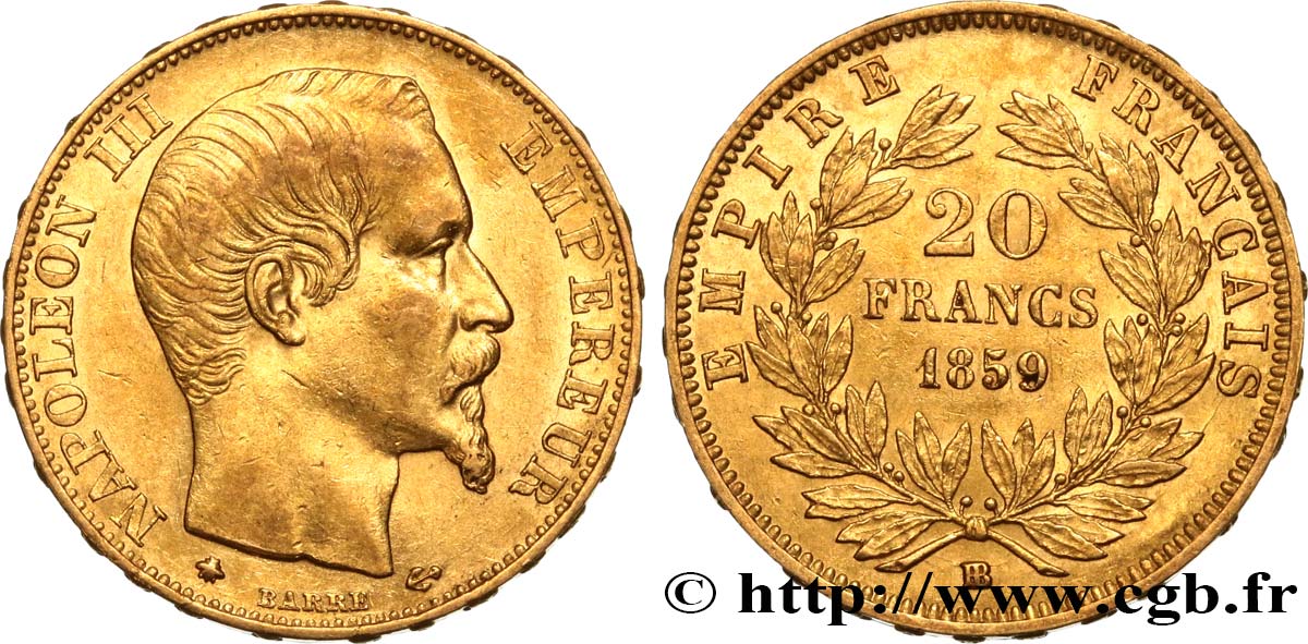 20 francs or Napoléon III, tête nue 1859 Strasbourg F.531/16 AU50 