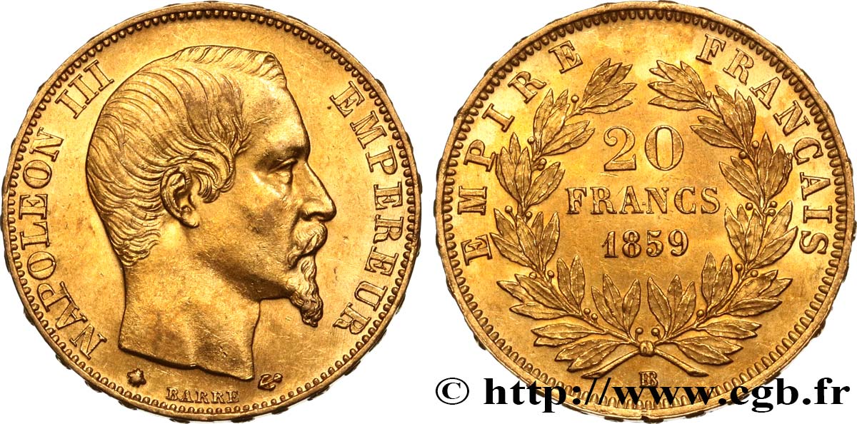 Valeur D'un Louis D'or Napoleon 20 Francs 1859 20 francs or Napoléon III, tête nue 1859 Strasbourg F.531/16 fmd_511496