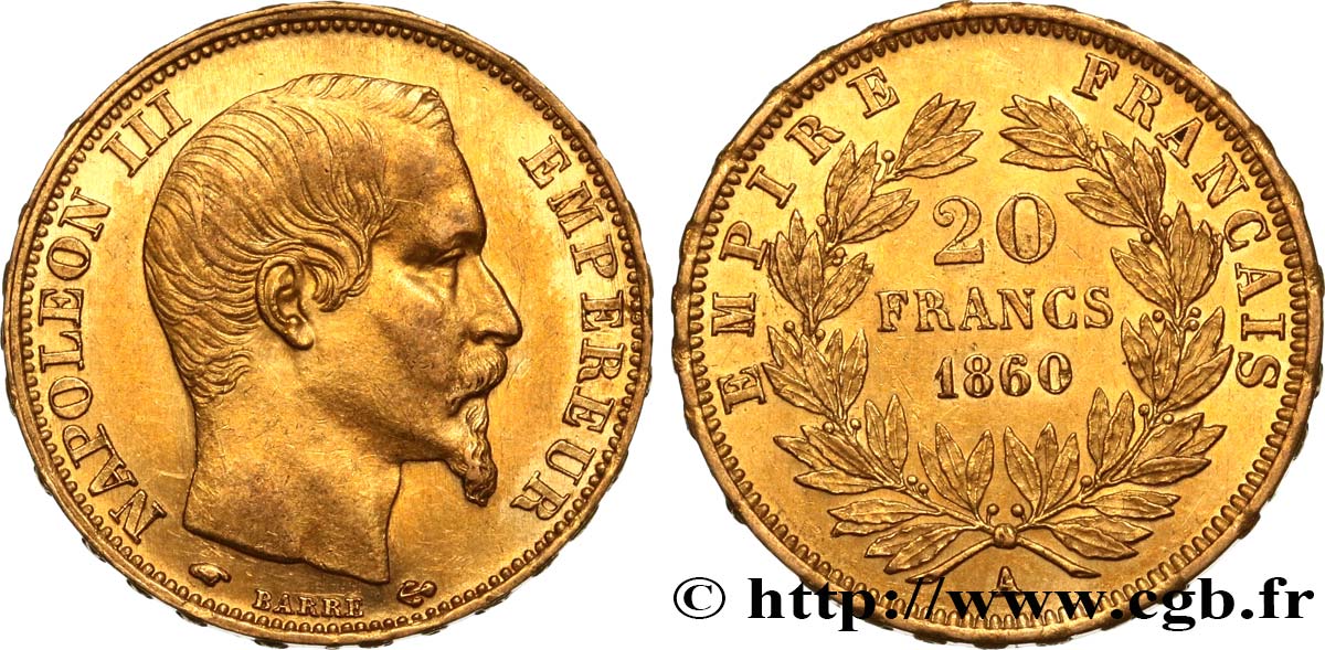 20 francs or Napoléon III, tête nue 1860 Paris F.531/17 SUP55 