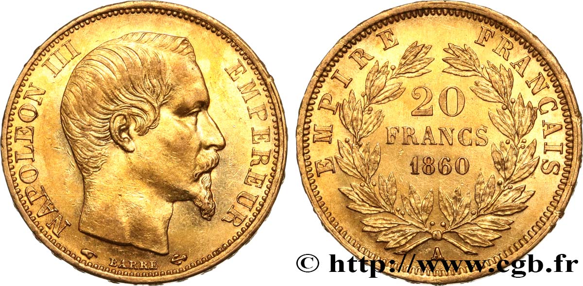 20 francs or Napoléon III, tête nue 1860 Paris F.531/18 VZ55 
