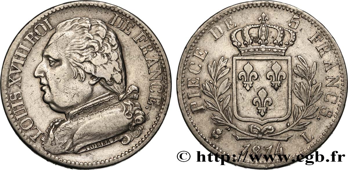 5 francs Louis XVIII, buste habillé 1814 Bayonne F.308/8 TB+ 