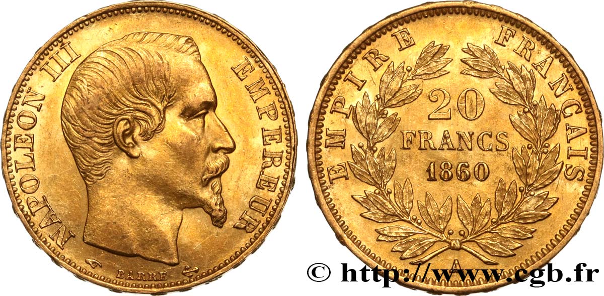 20 francs or Napoléon III, tête nue 1860 Paris F.531/17 AU55 