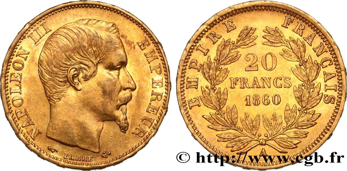 20 francs or Napoléon III, tête nue 1860 Paris F.531/18 AU50 