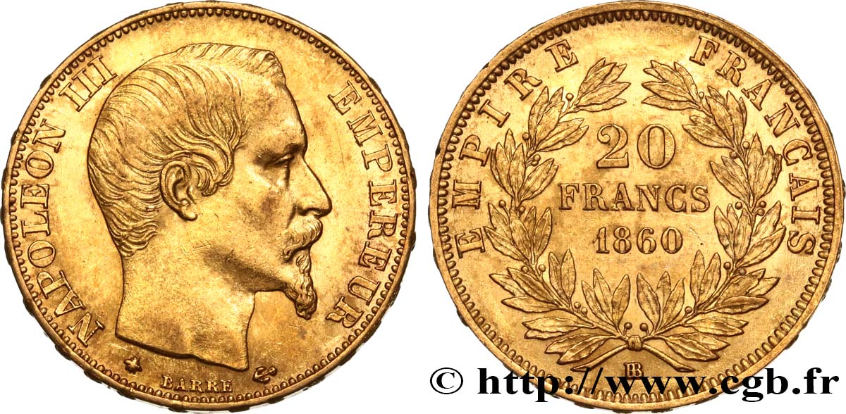 20 francs or Napoléon III, tête nue 1860 Strasbourg F.531/20 MBC50 