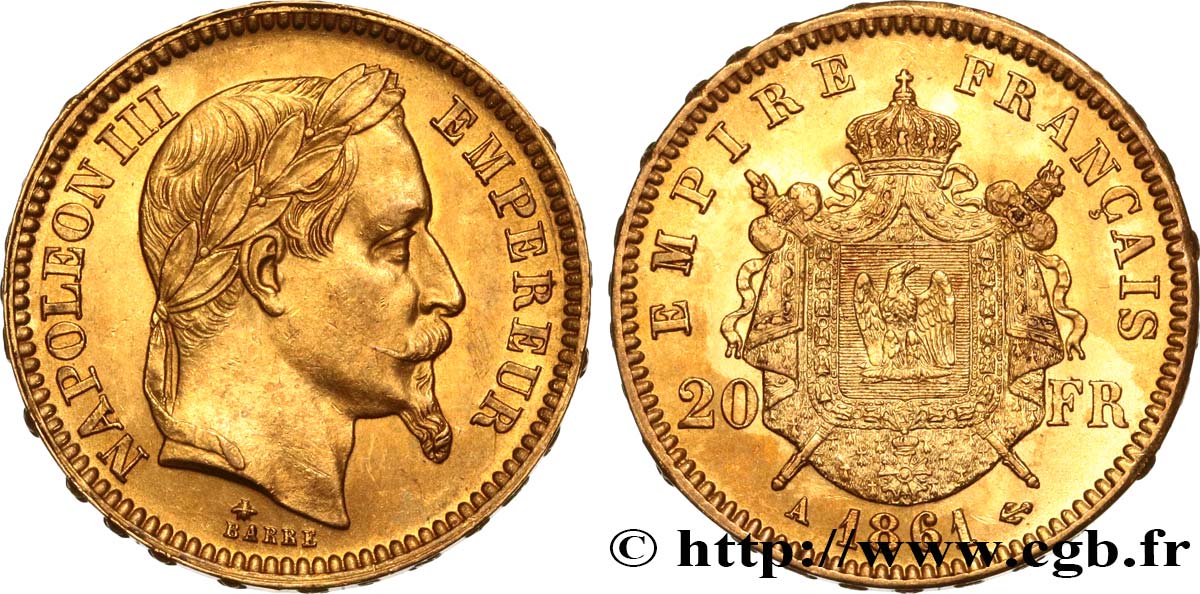 20 francs or Napoléon III, tête laurée 1861 Paris F.532/1 EBC60 