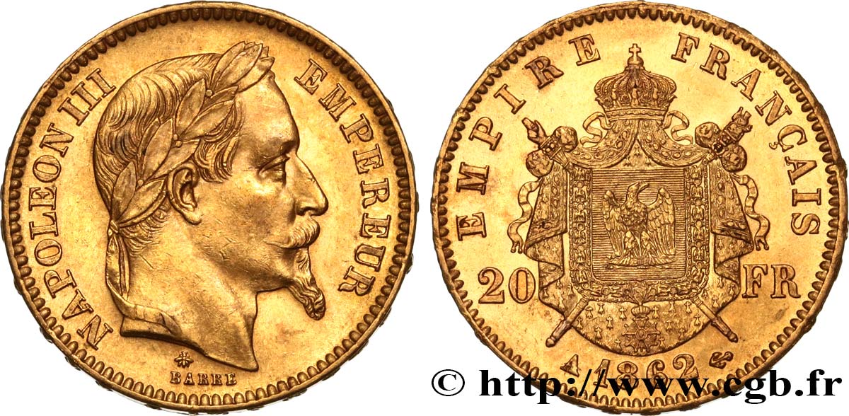 20 francs or Napoléon III, tête laurée 1862 Paris F.532/3 SUP55 