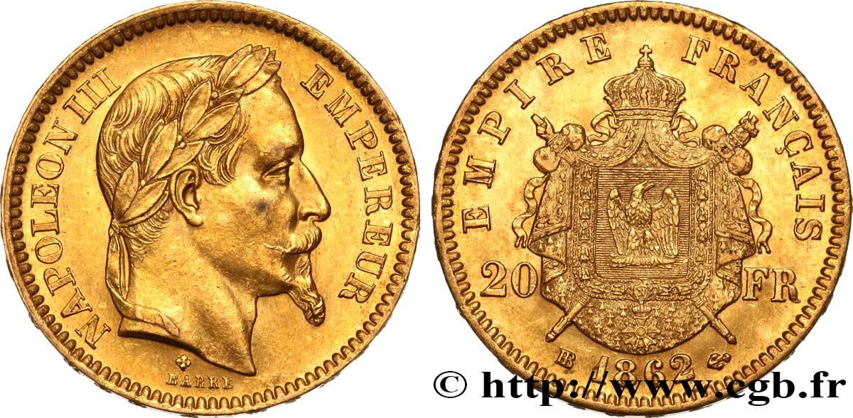 20 francs or Napoléon III, tête laurée 1862 Strasbourg F.532/5 AU58 