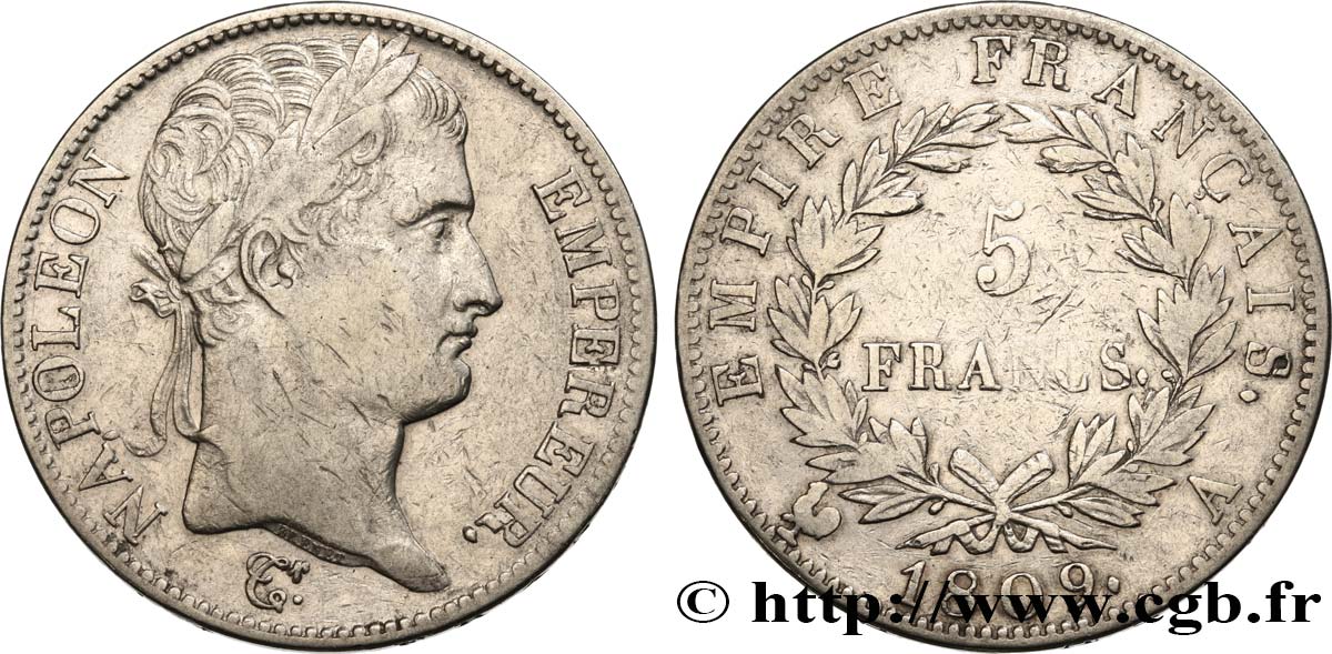 5 francs Napoléon Empereur, Empire français 1809 Paris F.307/1 TB 