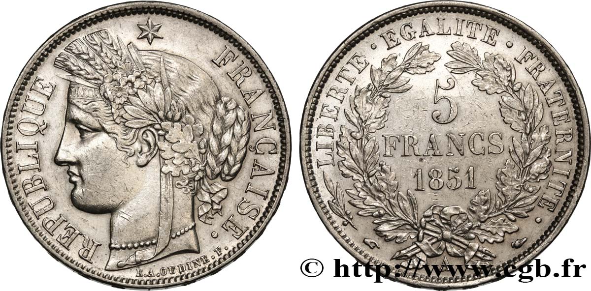 5 francs Cérès, IIe République 1851 Paris F.327/7 MBC 