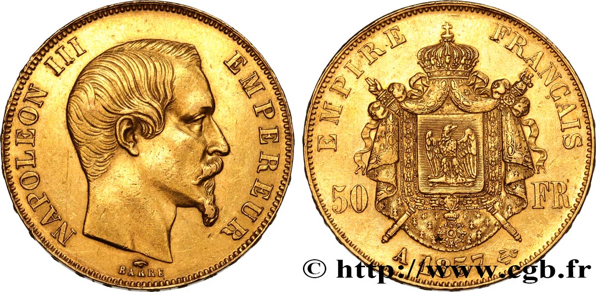 50 francs or Napoléon III, tête nue 1857 Paris F.547/4 AU 