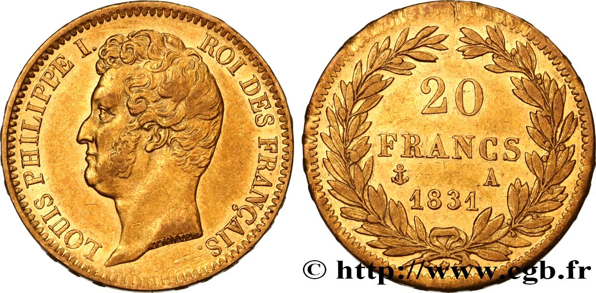 20 francs or Louis-Philippe, Tiolier, tranche inscrite en relief 1831 Paris F.525/2 MBC40 