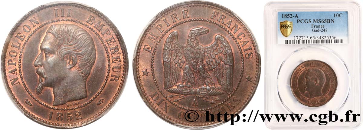 Dix centimes Napoléon III, tête nue 1852 Paris F.133/1 MS65 PCGS