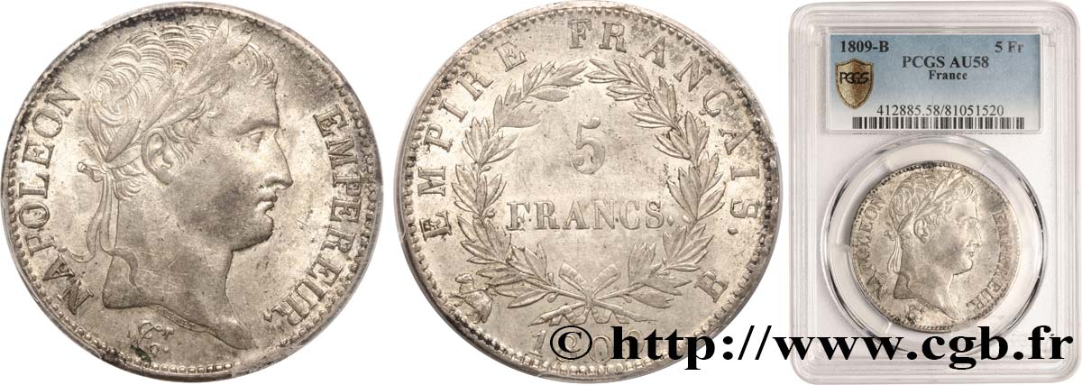 5 francs Napoléon Empereur, Empire français 1809 Rouen F.307/2 EBC58 PCGS