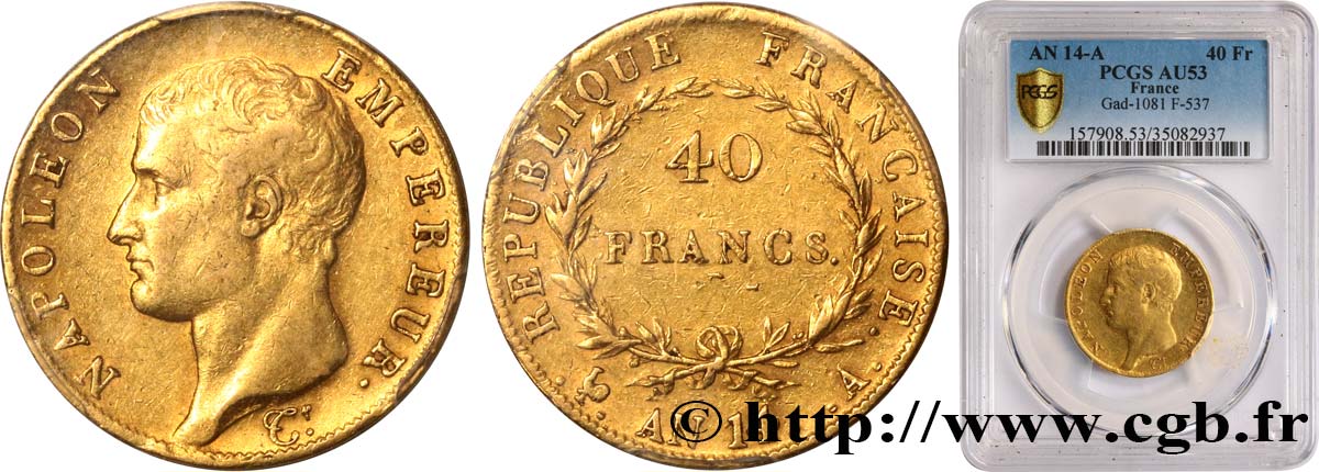 40 francs or Napoléon tête nue, Calendrier révolutionnaire 1805 Paris F.537/2 AU53 PCGS
