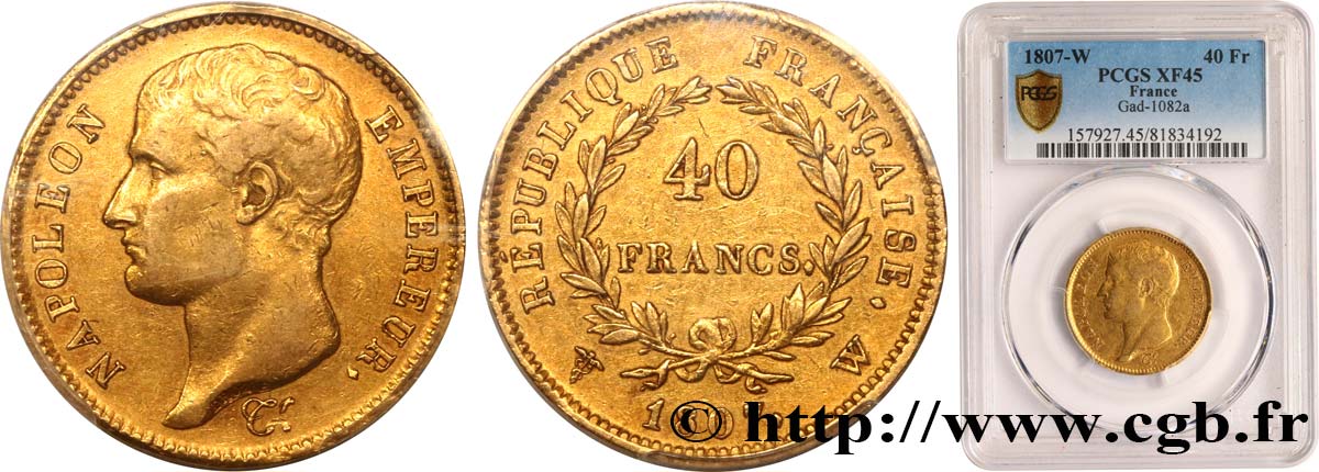 40 francs or Napoléon tête nue, type transitoire 1807 Lille F.539/5 XF45 PCGS