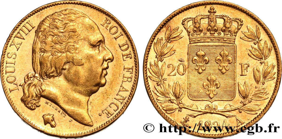 20 francs or Louis XVIII, tête nue 1824 Paris F.519/31 AU50 