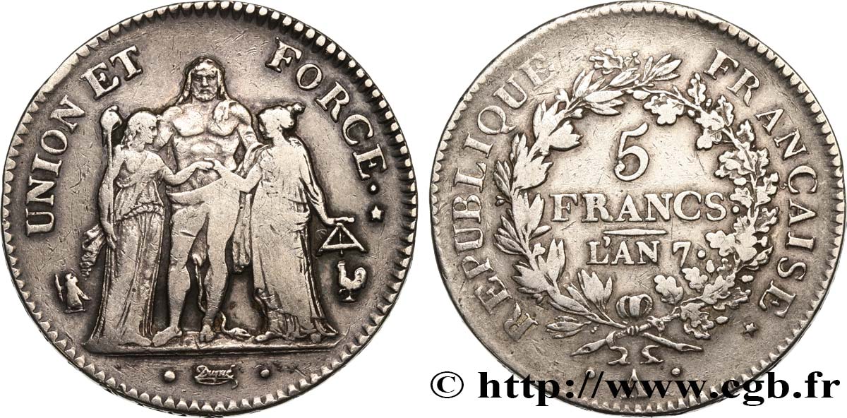 5 francs Union et Force, Union serré, seulement gland extérieur, petite feuille 1799 Paris F.288/99 VF35 