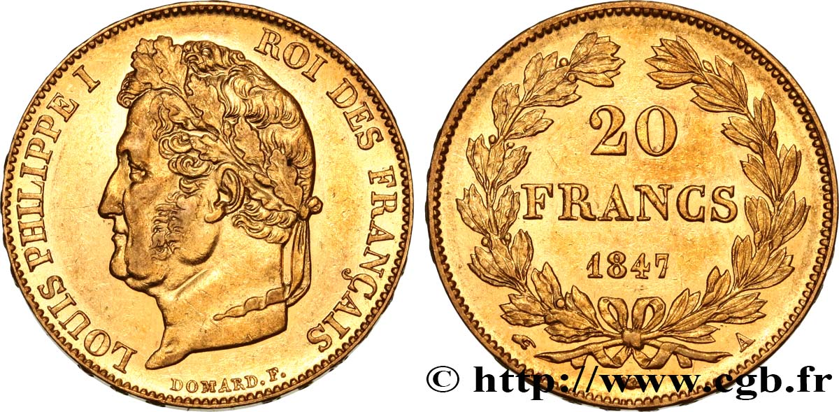 20 francs or Louis-Philippe, Domard 1847 Paris F.527/37 AU52 