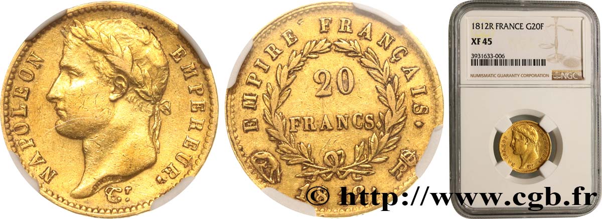 20 francs or Napoléon tête laurée, Empire français 1812 Rome F.516/27 XF45 NGC