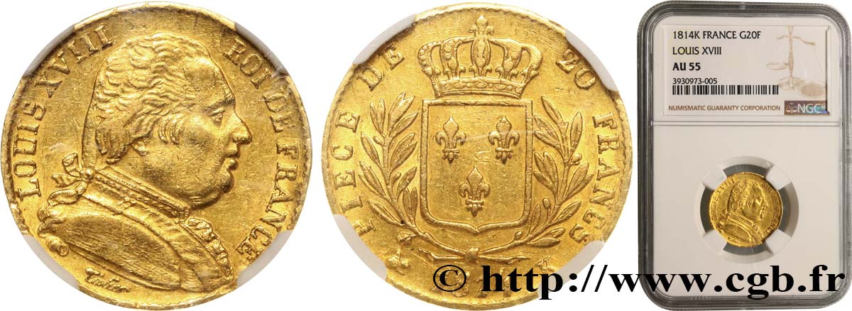20 francs or Louis XVIII, buste habillé 1814 Bordeaux F.517/4 AU55 NGC