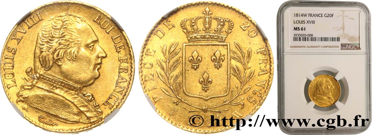 20 francs or Louis XVIII, buste habillé 1814 Lille F.517/9 MS61 NGC