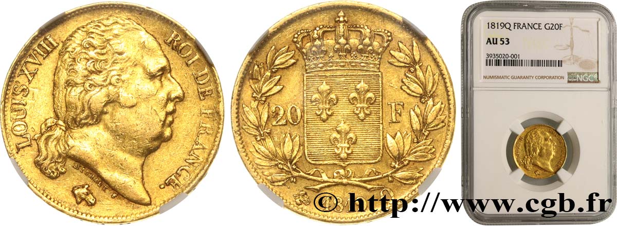 20 francs or Louis XVIII, tête nue 1819 Perpignan F.519/16 AU53 NGC