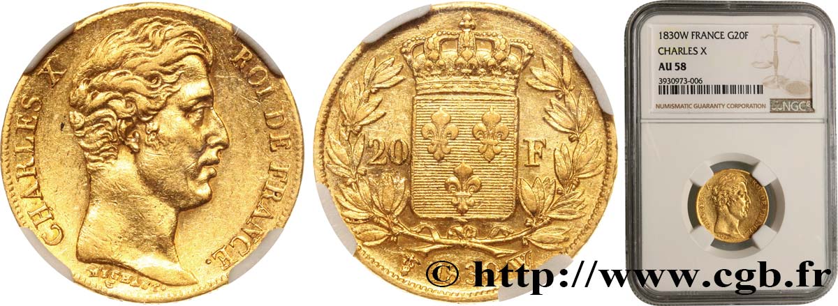 20 francs or Charles X 1830 Lille F.521/7 AU58 NGC