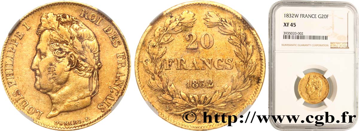 20 francs or Louis-Philippe, Domard 1832 Lille F.527/3 XF45 NGC