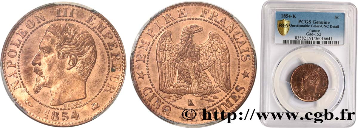 Cinq centimes Napoléon III, tête nue 1854 Bordeaux F.116/13 MS PCGS