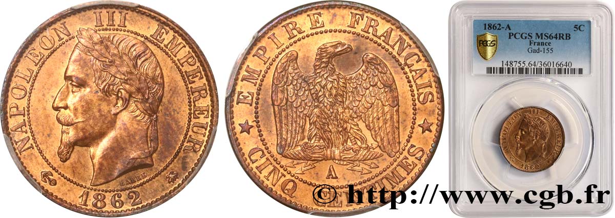 Cinq centimes Napoléon III, tête laurée 1862 Paris F.117/7 MS64 PCGS