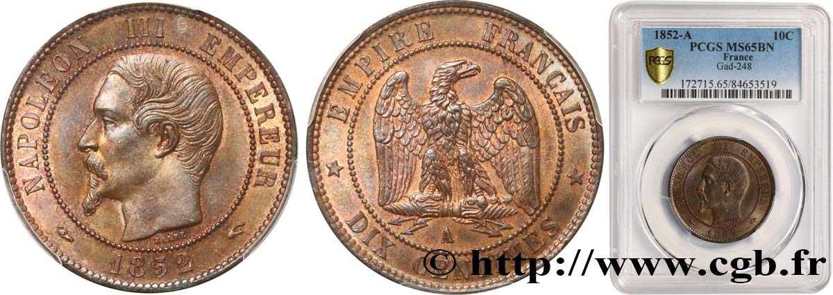Dix centimes Napoléon III, tête nue 1852 Paris F.133/1 FDC65 PCGS