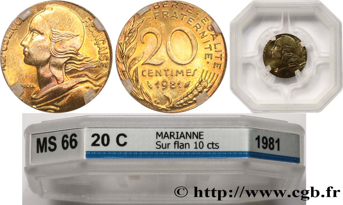 20 centimes Marianne, frappe fautée sur flan de 10 centimes Marianne 1981 Pessac F.156/21 var. FDC66 PCGS