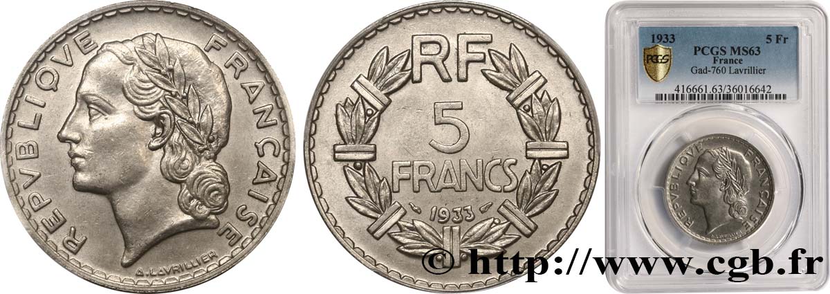 5 francs Lavrillier, nickel 1933  F.336/2 MS63 PCGS
