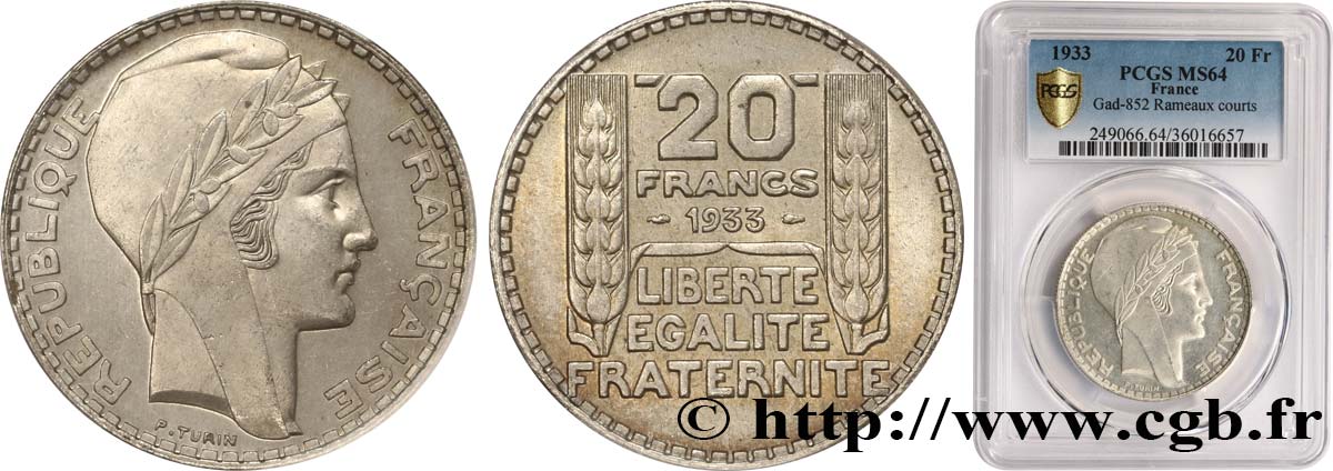 20 francs Turin, rameaux courts 1933  F.400/4 SC64 PCGS
