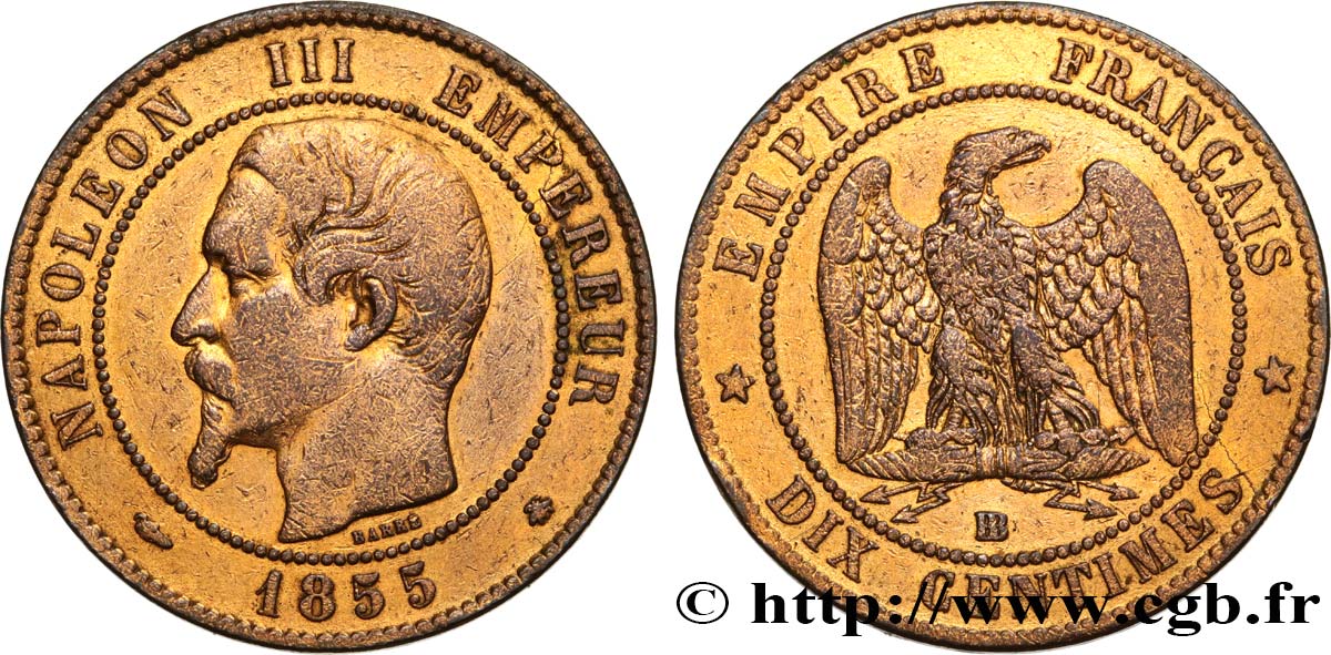 Dix centimes Napoléon III, tête nue 1855 Strasbourg F.133/23 var. TB30 