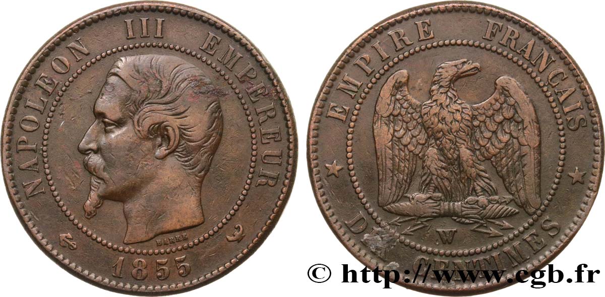 Dix centimes Napoléon III, tête nue 1855 Lille F.133/33 MBC40 