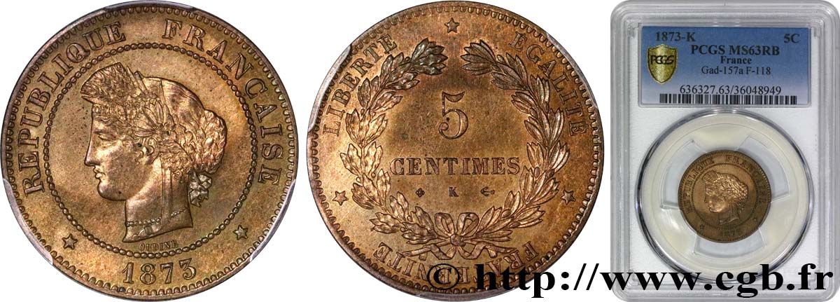 5 centimes Cérès 1873 Bordeaux F.118/8 SPL63 PCGS