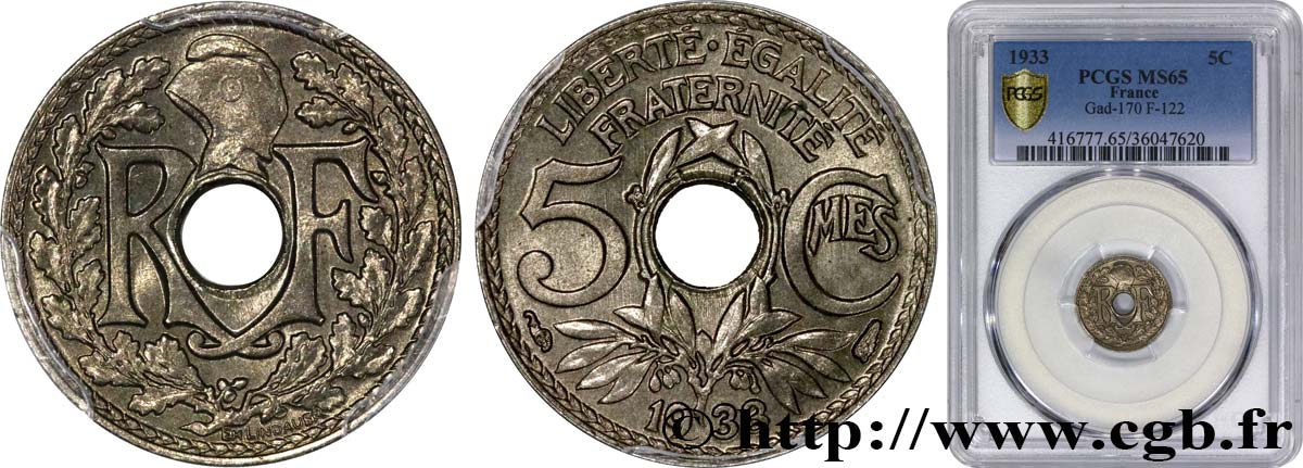 5 centimes Lindauer, petit module 1933 Paris F.122/16 MS65 PCGS