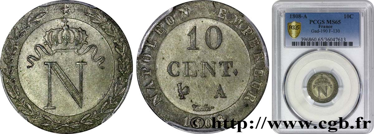 10 cent. à l N couronnée 1808 Paris F.130/2 MS65 PCGS