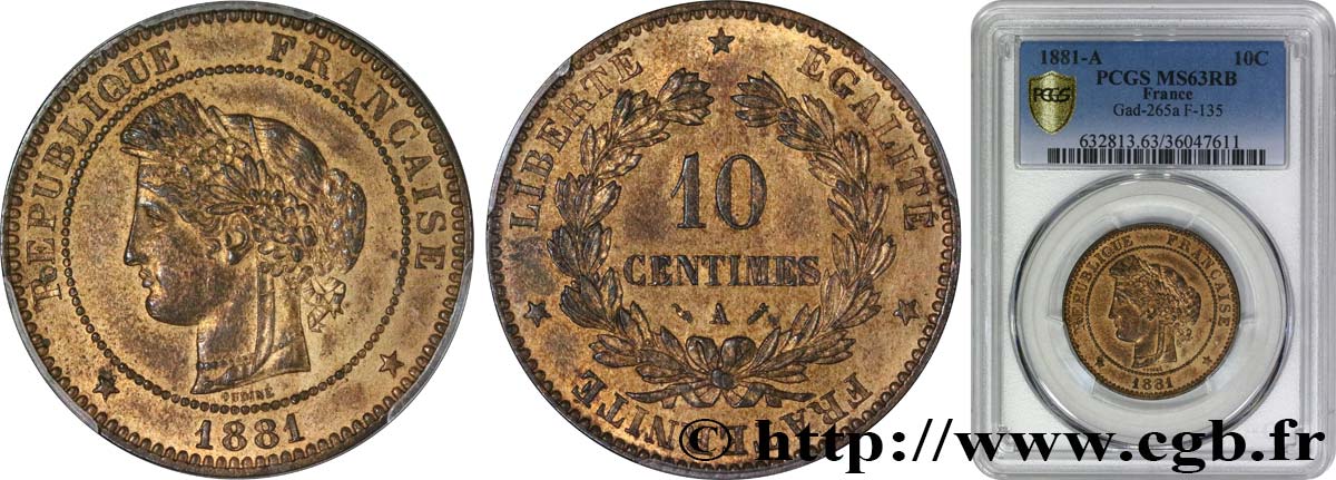10 centimes Cérès 1881 Paris F.135/25 SPL63 PCGS