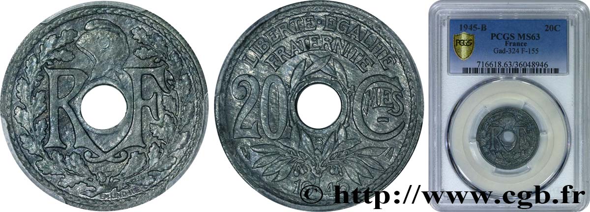 20 centimes Lindauer 1945 Beaumont-Le-Roger F.155/3 MS63 PCGS