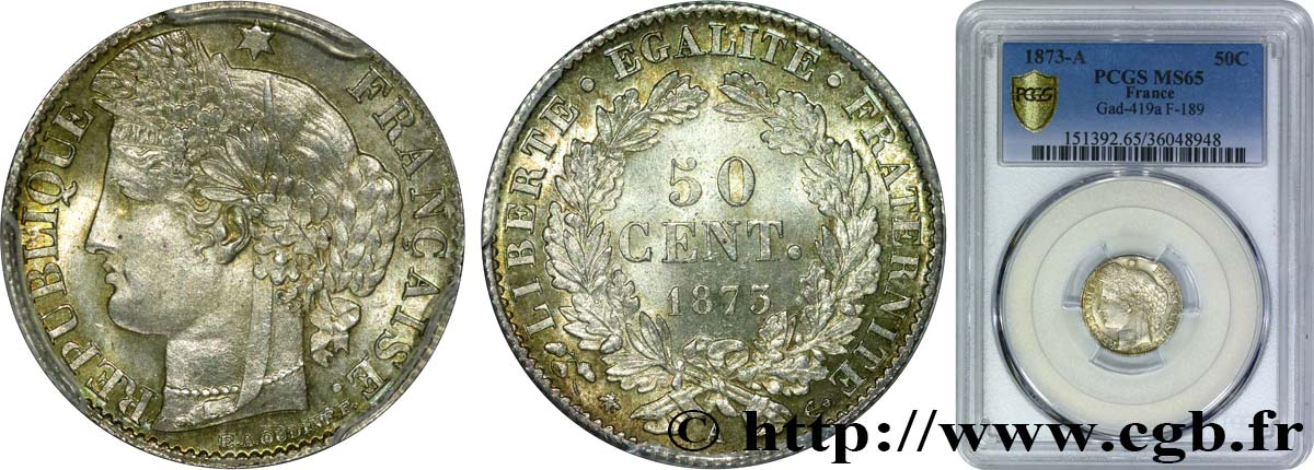 50 centimes Cérès, IIIe République 1873 Paris F.189/5 ST65 PCGS