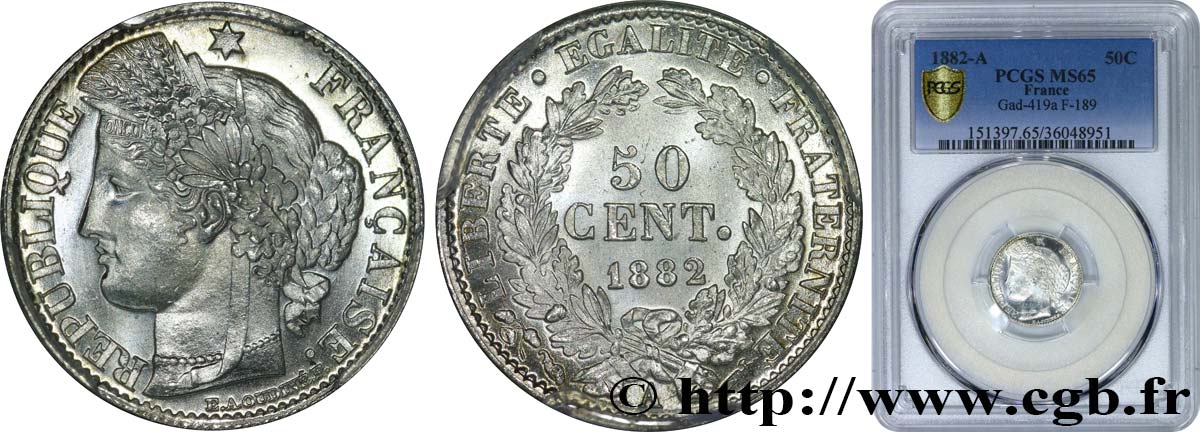 50 centimes Cérès, IIIe République 1882 Paris F.189/10 ST65 PCGS