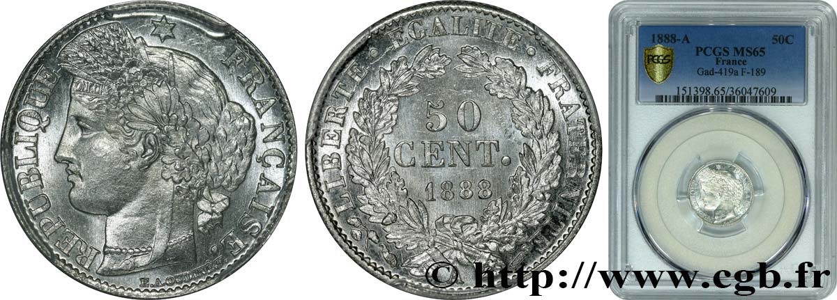 50 centimes Cérès, Troisième République 1888 Paris F.189/13 ST65 PCGS
