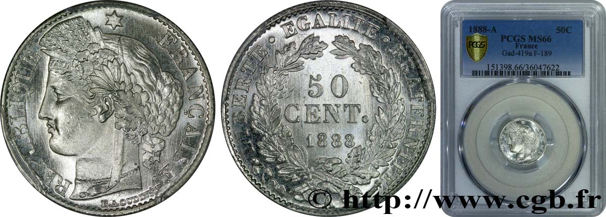 50 centimes Cérès, Troisième République 1888 Paris F.189/13 MS66 PCGS
