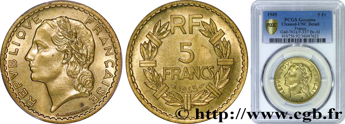 5 francs Lavrillier, bronze-aluminium 1945  F.337/5 MS PCGS