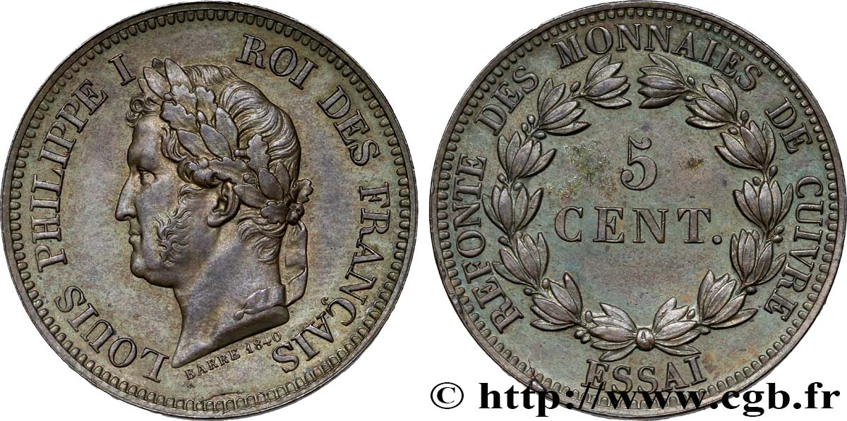 Essai de 5 centimes en bronze, signature BARRE 1840 1840  VG.2917  SUP62 